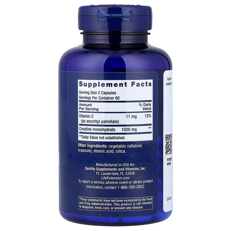 Life Extension Creatine Capsules – Creatine Monohydrate – Promotes Strength, Lean Muscle, Healthy Endurance – Non-GMO, Gluten-Free – 120 Capsules