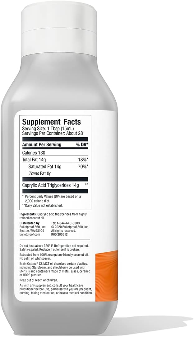 Brain Octane Premium C8 MCT Oil from Non-GMO Coconuts, 14g MCTs, 14 Fl Oz, Bulletproof Keto Supplement for Sustained Energy, Appetite Control, Mental & Physical Energy, Non-GMO, Vegan & Cruelty Free