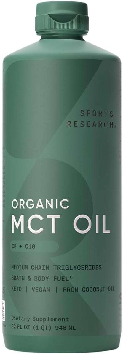 Sports Research Organic MCT Oil - Keto & Vegan MCTs C8, C10, C12 from Coconuts - Fatty Acid Brain & Body Fuel, Non-GMO & Gluten Free - Flavorless Oil, Perfect in Coffee, Tea & Protein Shakes - 32 oz