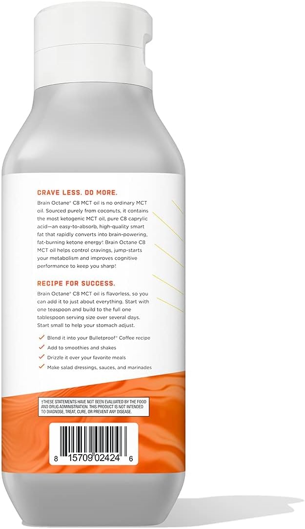 Brain Octane Premium C8 MCT Oil from Non-GMO Coconuts, 14g MCTs, 14 Fl Oz, Bulletproof Keto Supplement for Sustained Energy, Appetite Control, Mental & Physical Energy, Non-GMO, Vegan & Cruelty Free