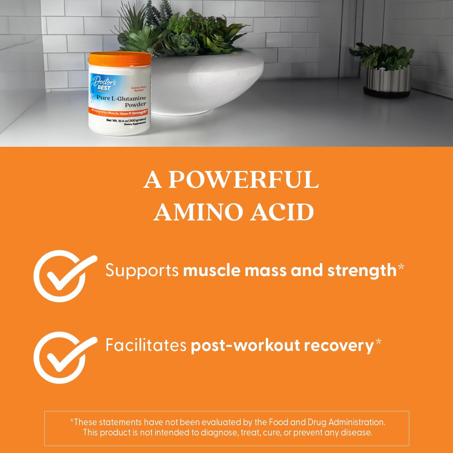 Doctors Best Pure L-Glutamine Powder, Supports Muscle Mass & Strength, Non-GMO, Gluten Free, Soy Free, Vegan Net Wt. 10.6 oz (300 Grams)