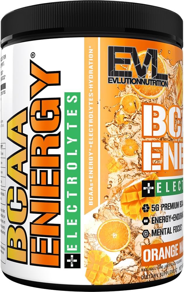 EVL BCAAs Amino Acids Powder - BCAA Energy Pre Workout Powder for Muscle Recovery Lean Growth and Endurance - Rehydrating Post Workout Recovery Drink with 6 Key Electrolytes - Orange Mango