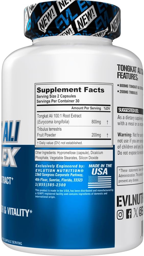 Evlution Nutrition Tongkat Ali - Men’s Health + Vitality Supplement - 800mg Tongkat Ali + 200mg Tribulus - Performance Support - Vegan + Gluten Free Capsules - 30 Servings