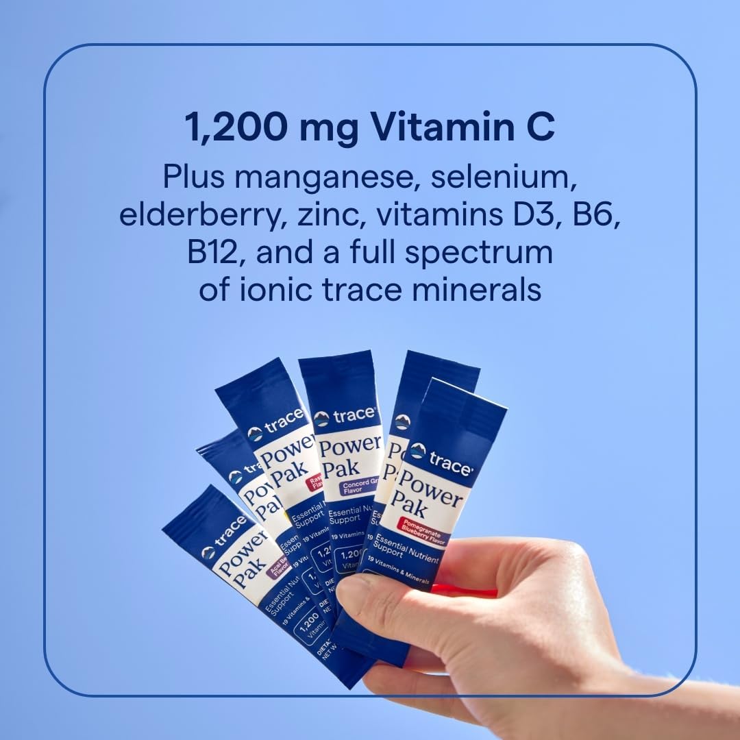 Trace Minerals Power Pak Multivitamin and Multimineral Packets - Electrolyte Support - 1200 mg Vitamin C Plus 70 Sugar Free - Citrus Flavor - 30 Packets