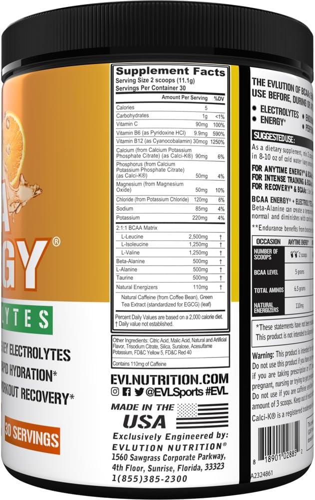 EVL BCAAs Amino Acids Powder - BCAA Energy Pre Workout Powder for Muscle Recovery Lean Growth and Endurance - Rehydrating Post Workout Recovery Drink with 6 Key Electrolytes - Orange Mango