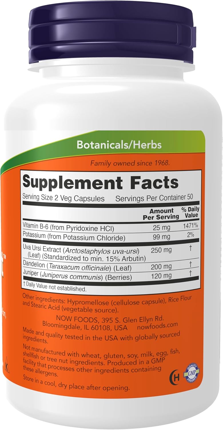NOW Foods Supplements, Water Out With Standardized Uva Ursi, Dandelion, Potassium and Vitamin B-6, 100 Veg Capsules
