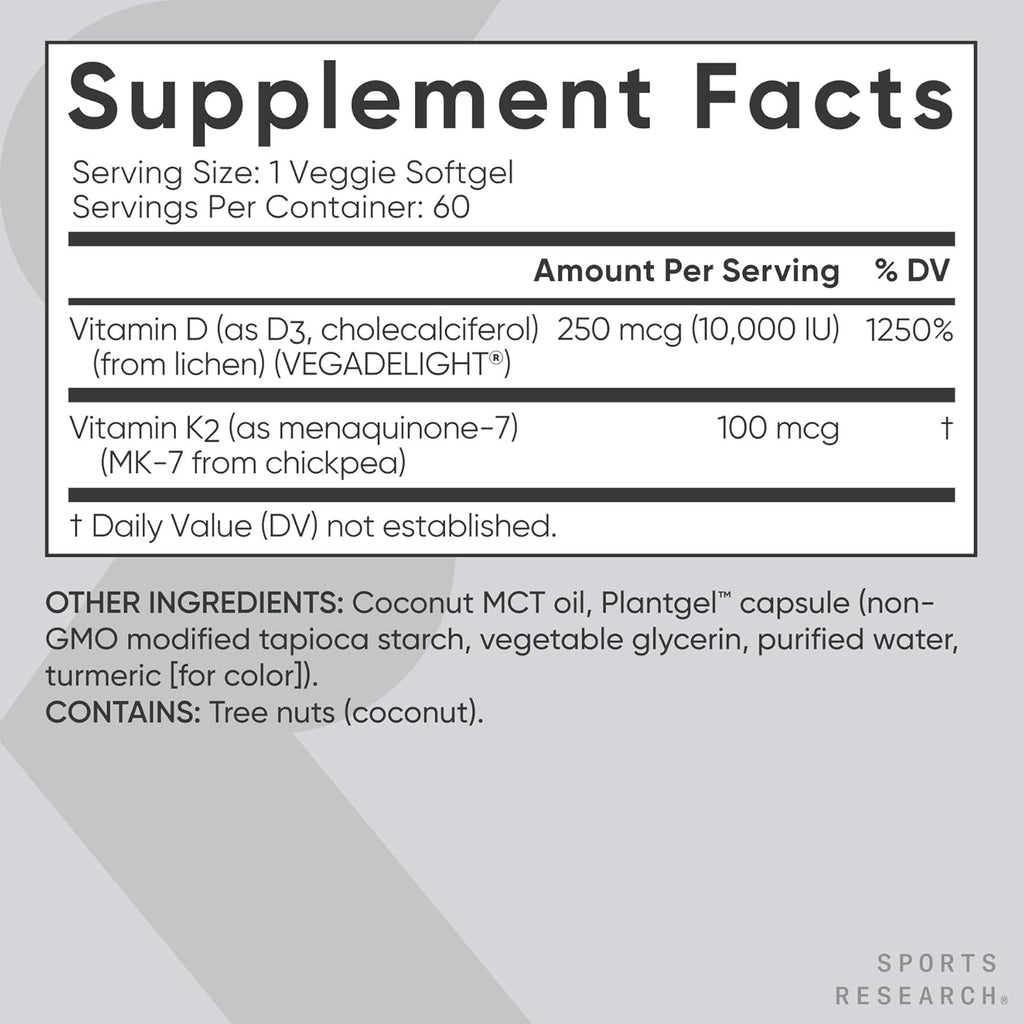 Sports Research® Vitamin D3 + K2 with 10,000iu of Plant-Based D3 & 100mcg of Vitamin K2 as MK-7 | Non-GMO Verified & Vegan Certified 60ct