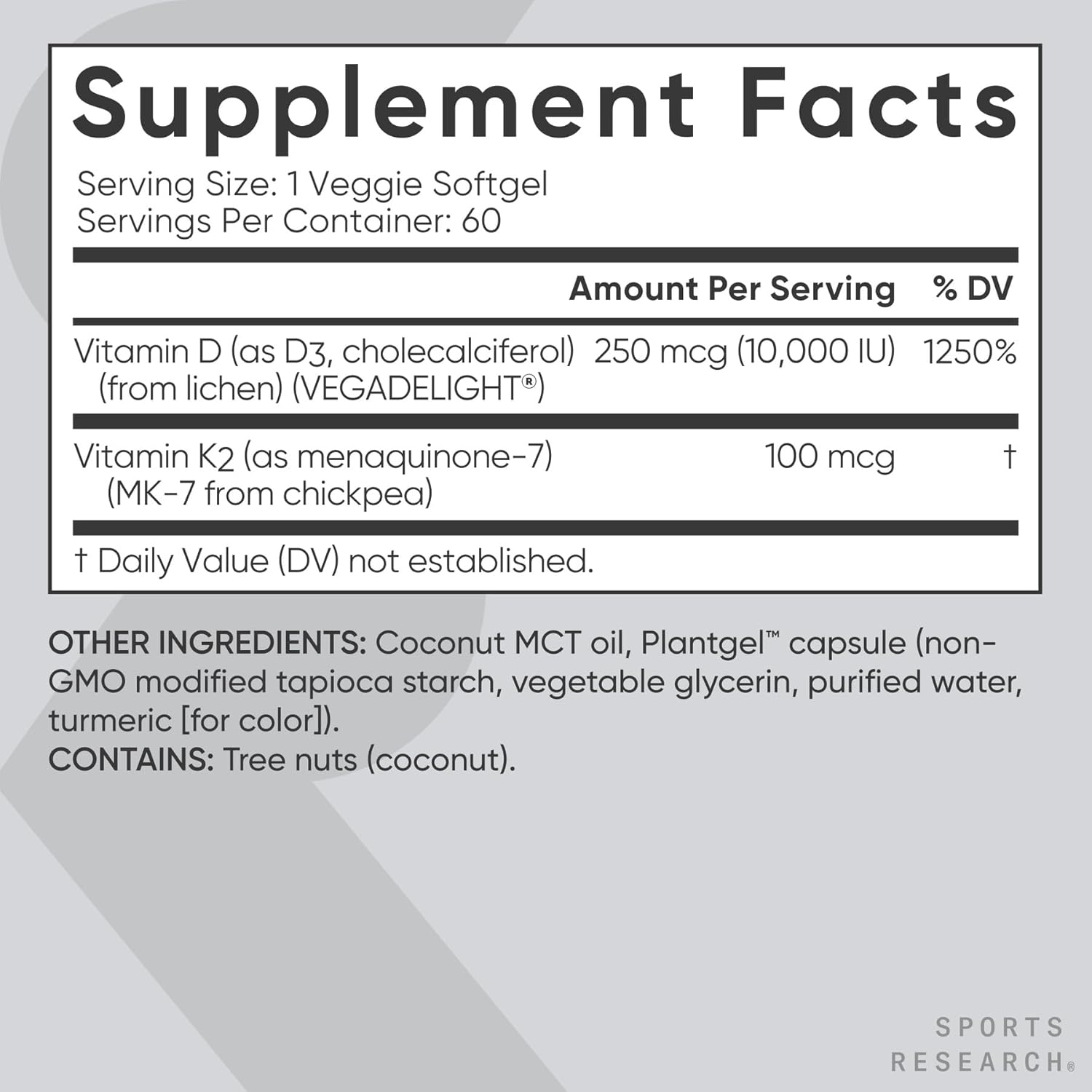 Sports Research® Vitamin D3 + K2 with 10,000iu of Plant-Based D3 & 100mcg of Vitamin K2 as MK-7 | Non-GMO Verified & Vegan Certified 60ct
