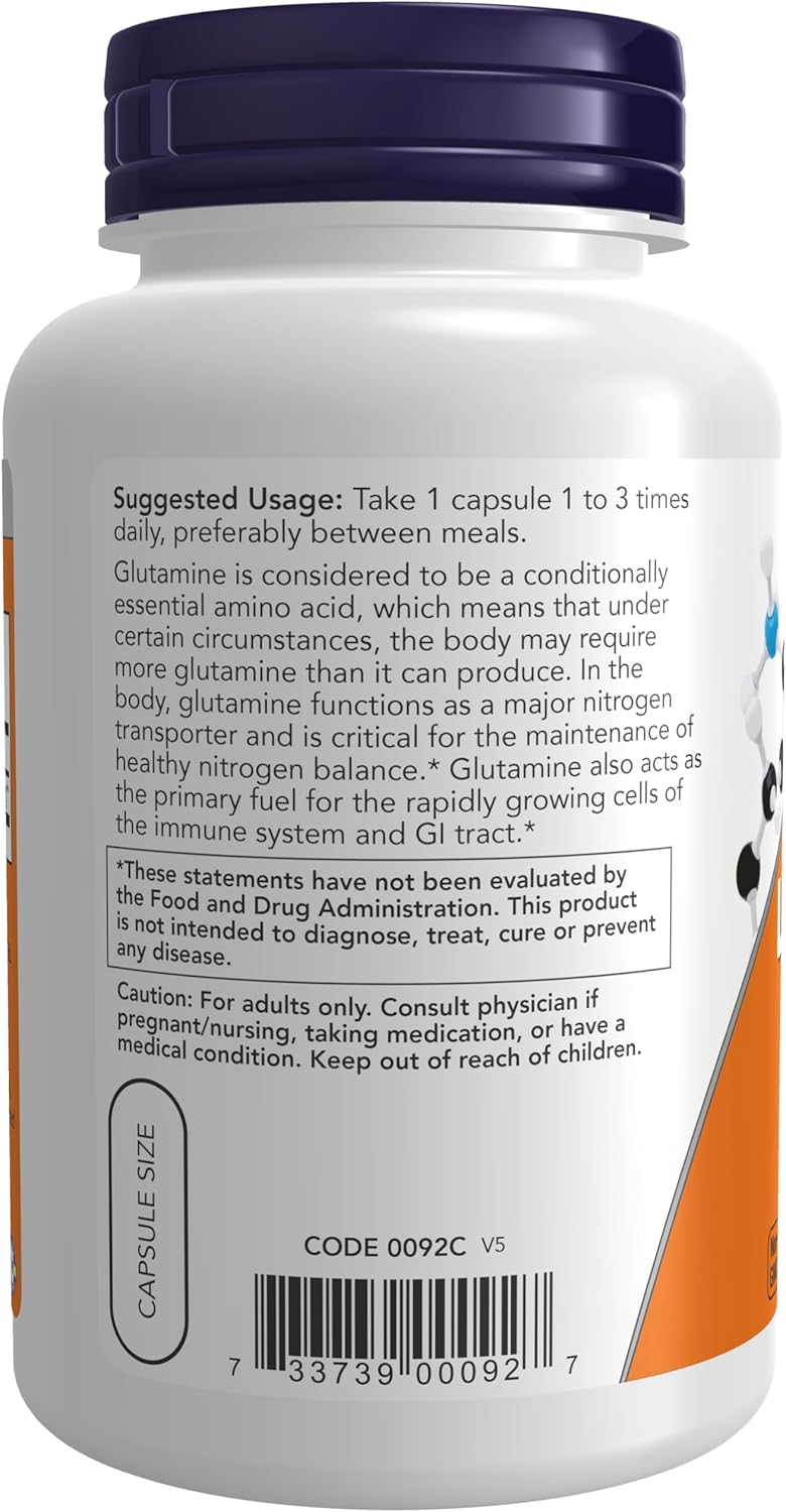 NOW Foods Supplements, L-Glutamine 500 mg, Nitrogen Transporter*, Amino Acid, 120 Veg Capsules