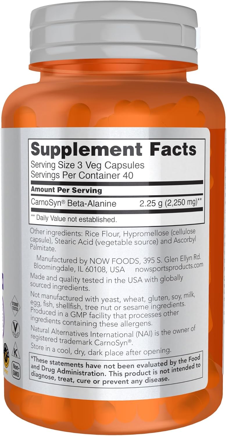 NOW Foods Sports Nutrition, Beta-Alanine 750 mg, Delays Muscle Fatigue*, Endurance*, 120 Veg Capsules