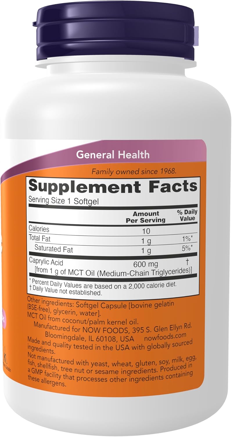 NOW Foods Supplements, Caprylic Acid 600 mg, MCT (Medium-Chain Triglycerides), 100 Softgels