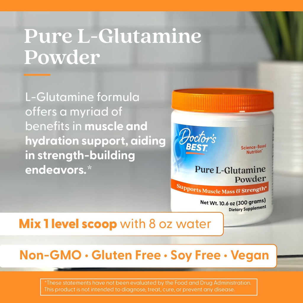 Doctors Best Pure L-Glutamine Powder, Supports Muscle Mass & Strength, Non-GMO, Gluten Free, Soy Free, Vegan Net Wt. 10.6 oz (300 Grams)