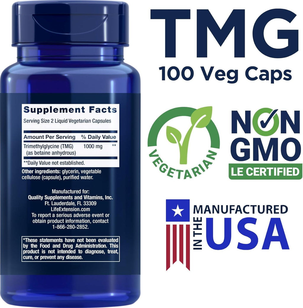 Life Extension TMG 500mg, 100 Liquid Veg Caps - Trimethylglycine (Glycine Betaine) Supplement - Gluten Free, Non-GMO, Vegetarian