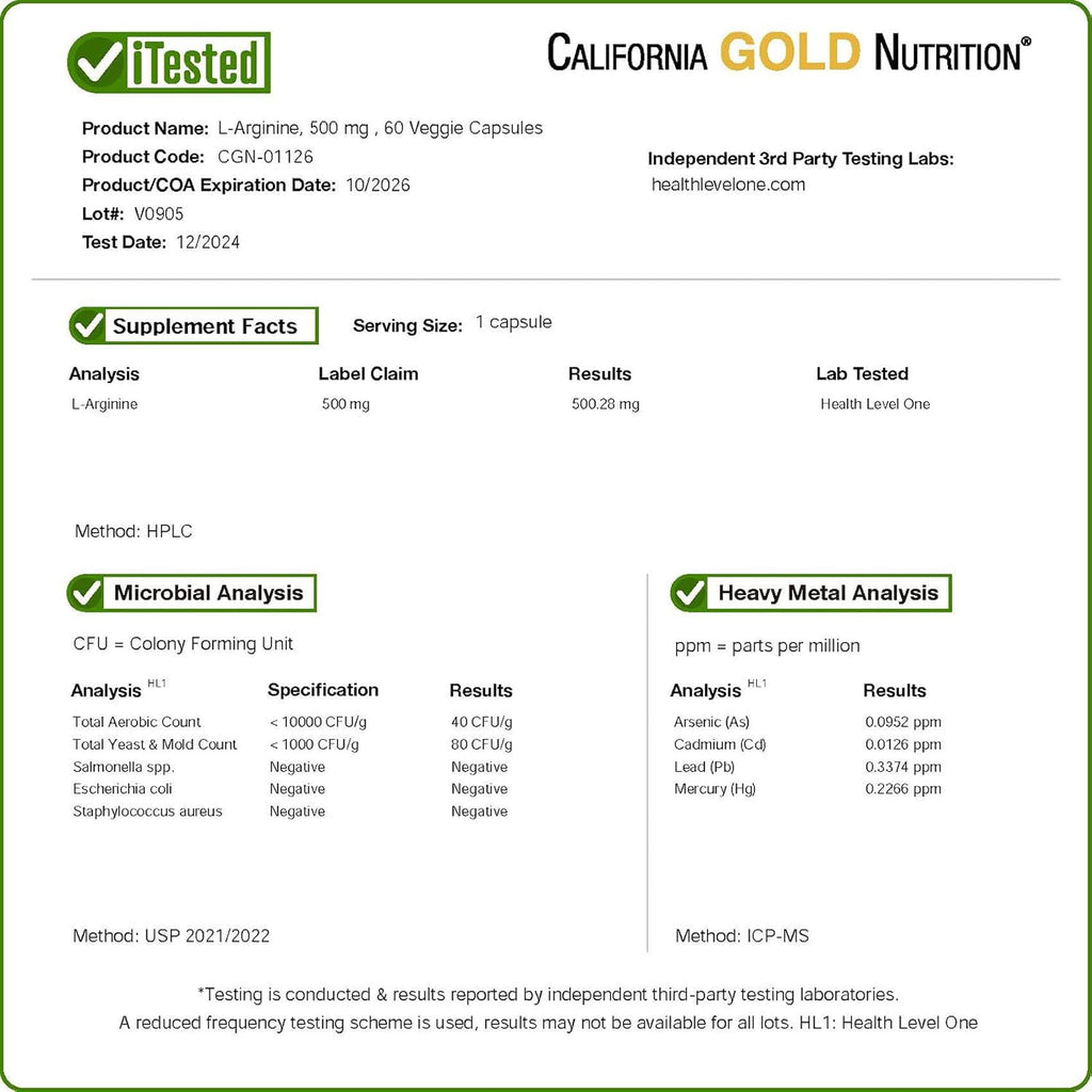 California Gold Nutrition L-Arginine, 500 mg, 60 Veggie Capsules