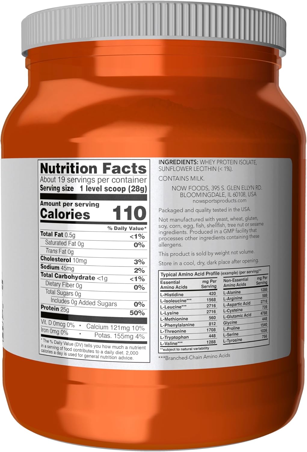 NOW Foods Sports Nutrition, Whey Protein Isolate, 25 g With BCAAs, Unflavored Powder, 1.2-Pound