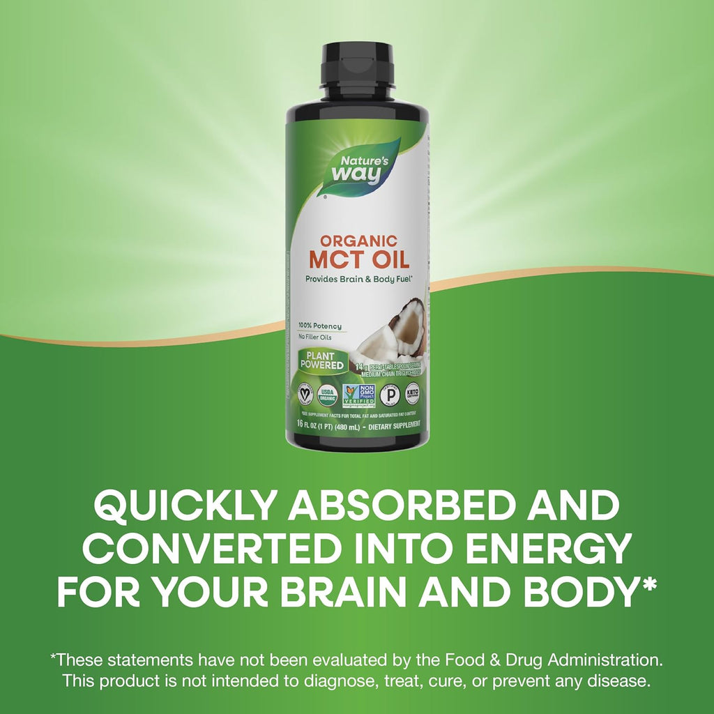 Nature's Way Organic MCT Oil, 16 Fl Oz, Brain and Body Fuel from Coconuts*, C8 Caprylic Acid and C10 Capric Acid, Keto and Paleo Certified, Organic, Non-GMO Project Verified