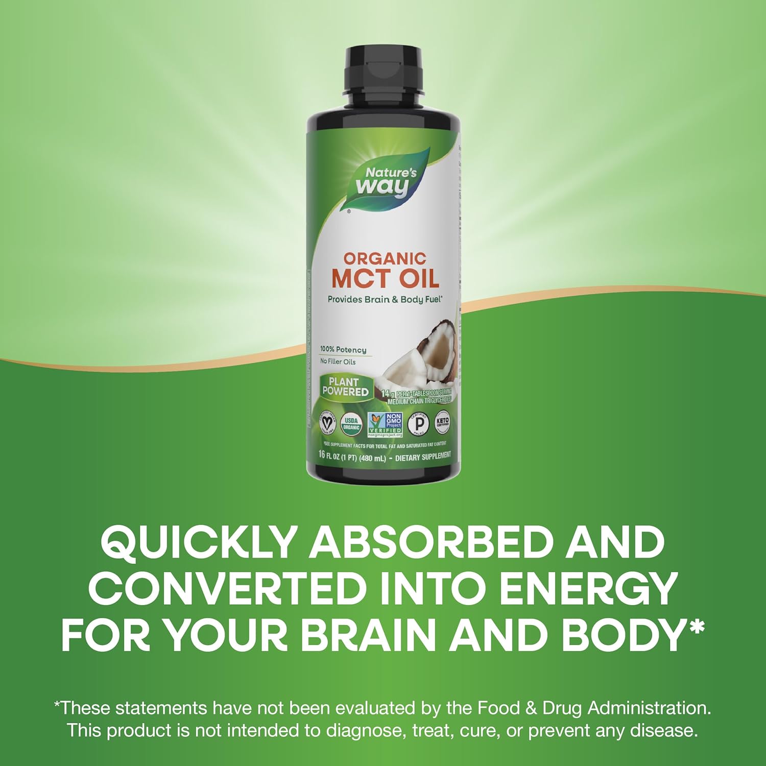 Nature's Way Organic MCT Oil, 16 Fl Oz, Brain and Body Fuel from Coconuts*, C8 Caprylic Acid and C10 Capric Acid, Keto and Paleo Certified, Organic, Non-GMO Project Verified