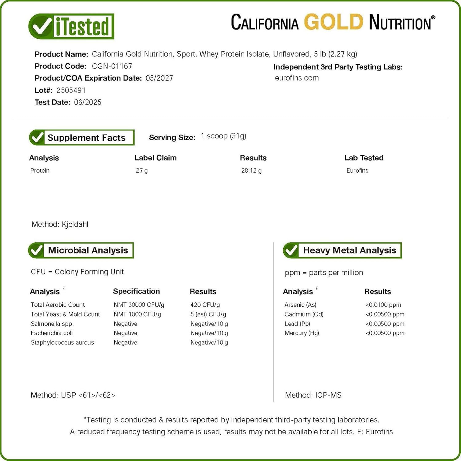 California Gold Nutrition Sport, Whey Protein Isolate, Unflavored, 1 lb (454 g)