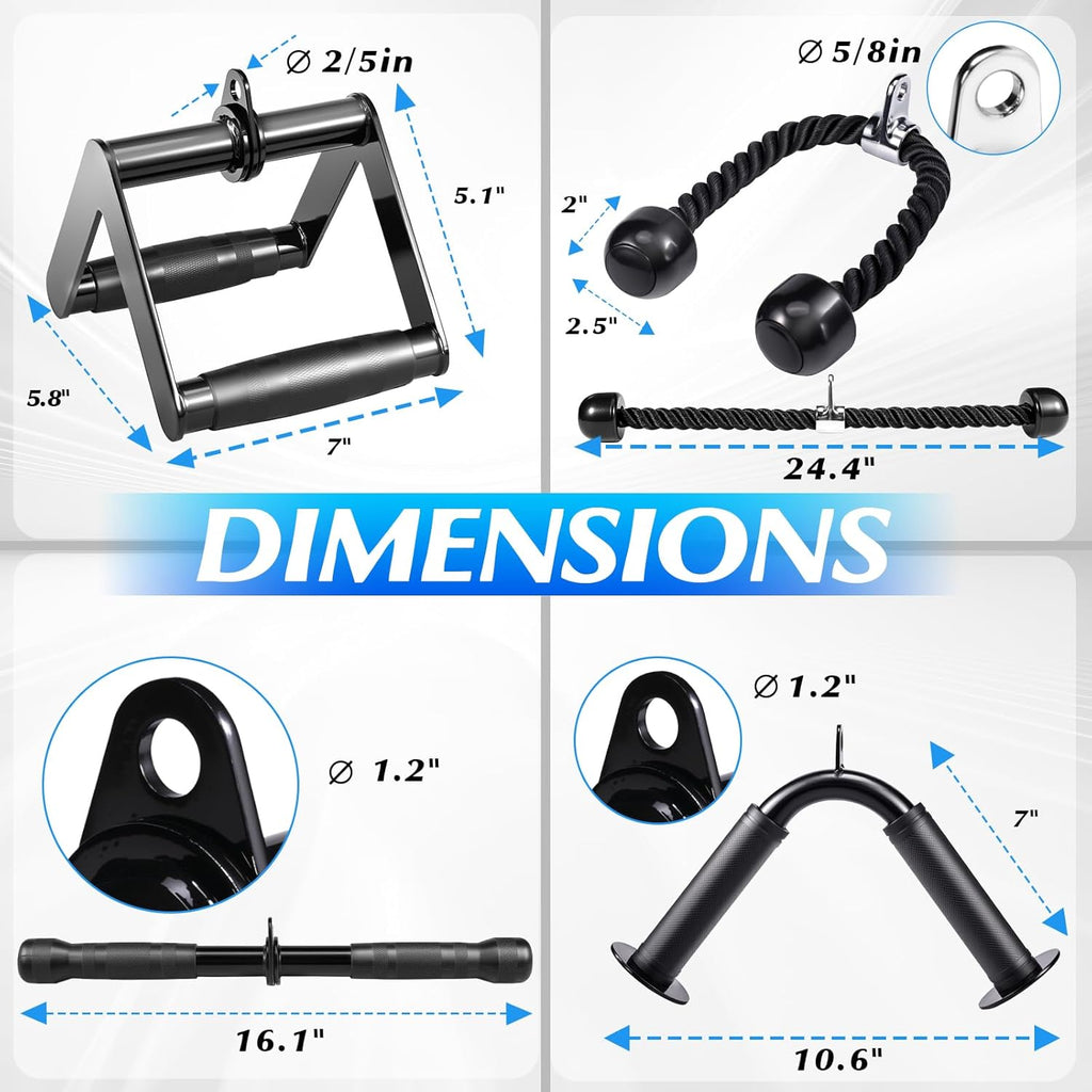 10-in-1 Cable Machine Attachments Set for Gym - Includes Tricep Rope, V-Bar, Straight Bar, D-Handle, Ankle/Wrist Straps, Storage Bag - Compatible with LAT Pulldown & Home Gym Cable Machines