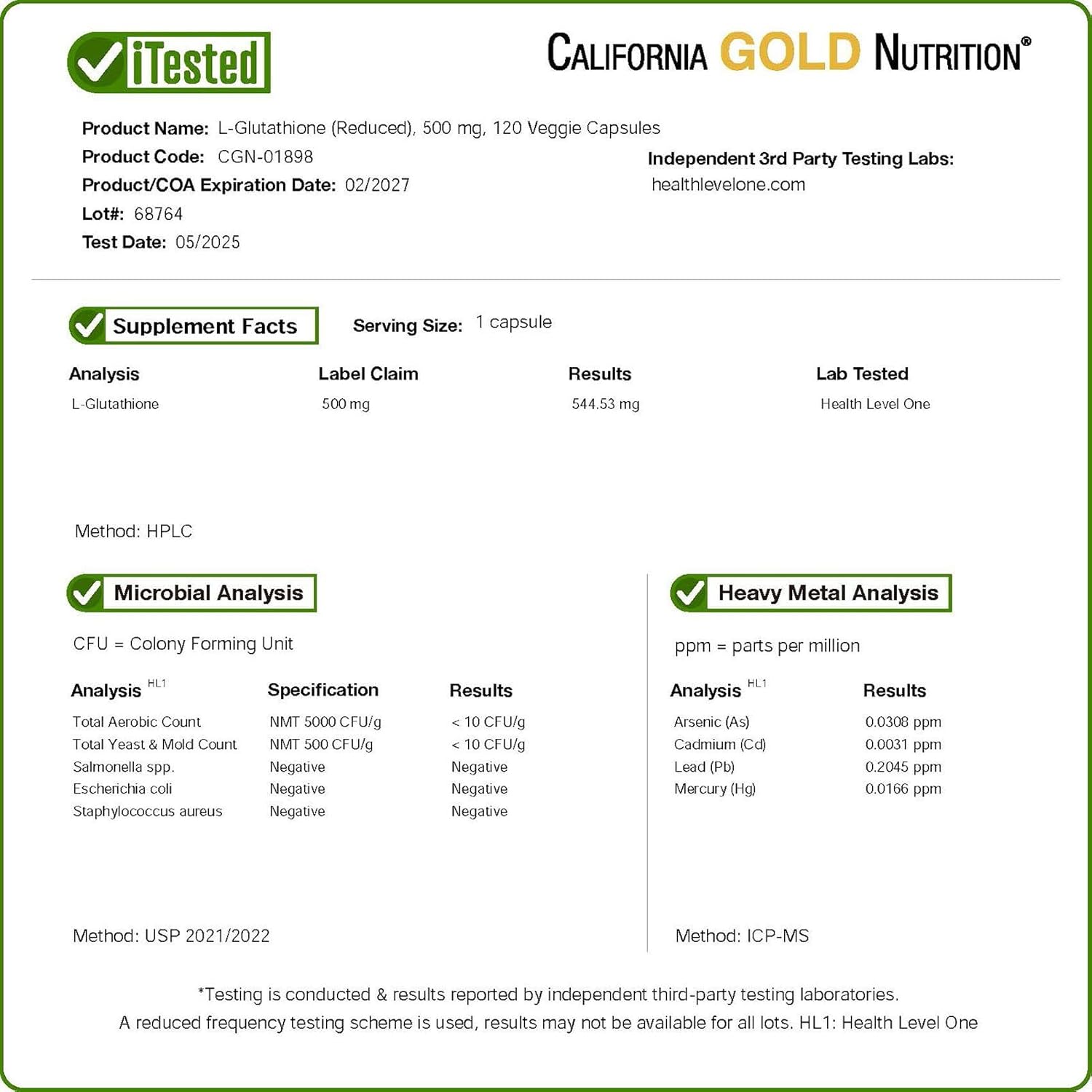 California Gold Nutrition L-Glutathione (Reduced), 500 mg, 120 Veggie Capsules