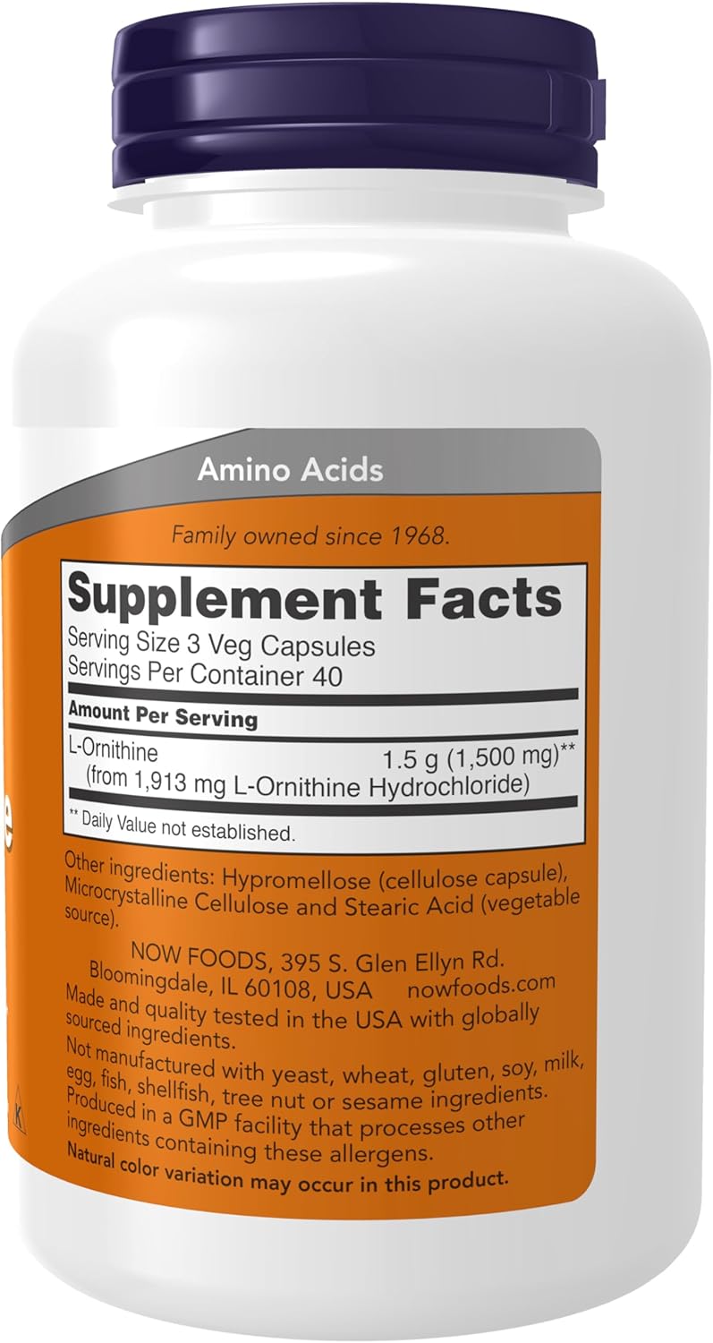 NOW Foods Supplements, L-Ornithine (L-Ornithine Hydrochloride) 500 mg, Amino Acid, 120 Veg Capsules