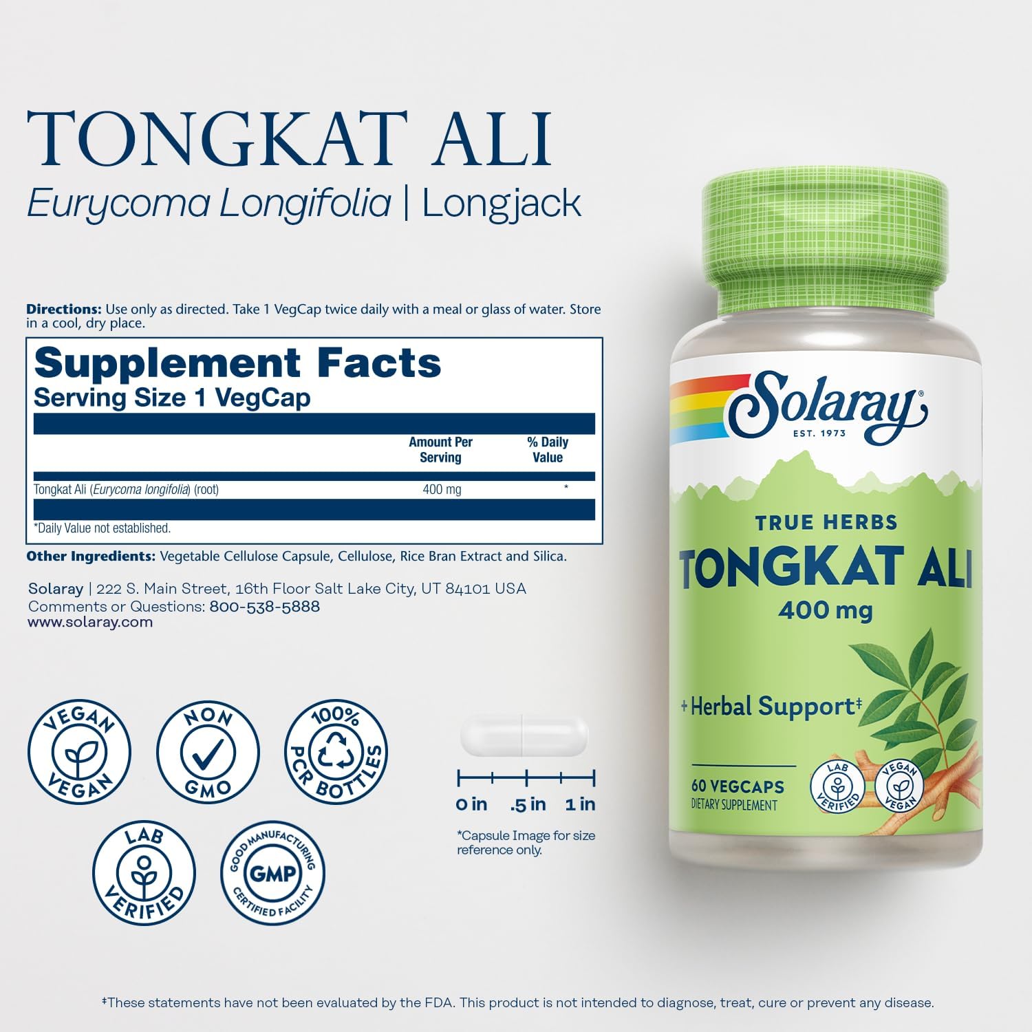 Tongkat Ali 400 mg - Longjack Tongkat Ali for Men - Herbal Support for Men's Health and Vitality - Vegan, Non-GMO, Lab Verified - 60 Servings, 60 VegCaps