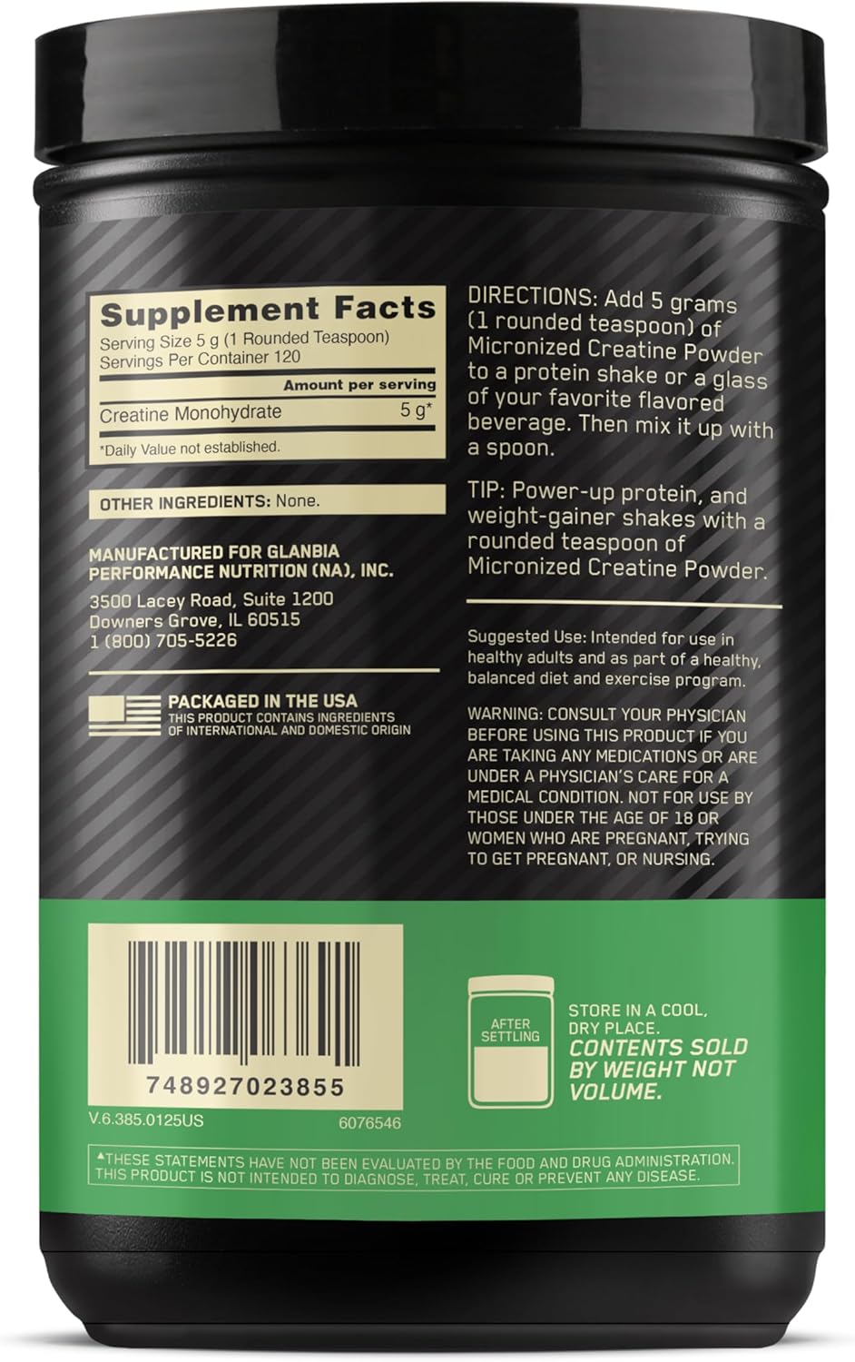 Optimum Nutrition Micronized Creatine Monohydrate Powder, Unflavored, 120 Servings, 600 Grams