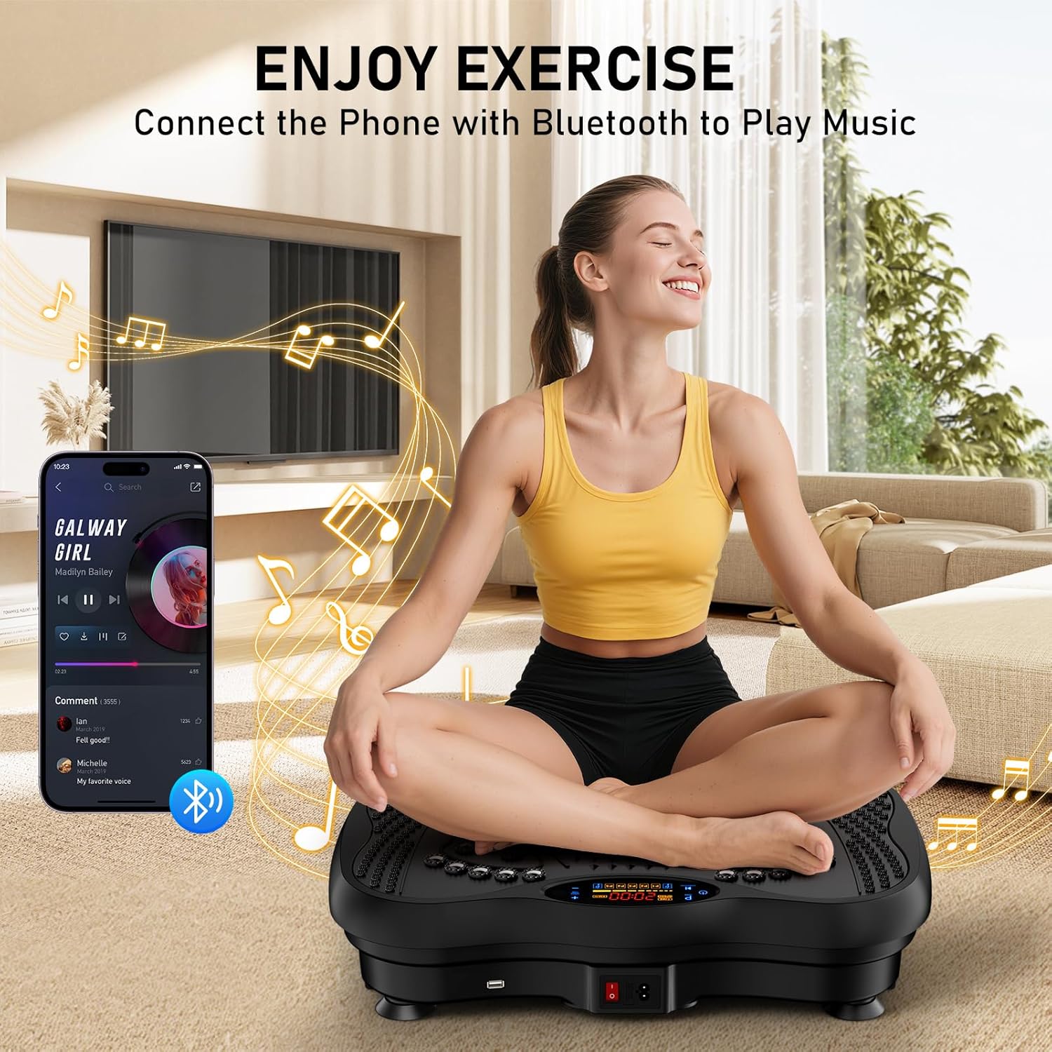 Vibration Plate Exercise Machine, 130 Levels Full Body Workout Vibrating Plate for Lymphatic Drainage Weight Loss, 450 Lbs Capacity Shake Fitness Platform with Resistance Bands Bluetooth for Women Men