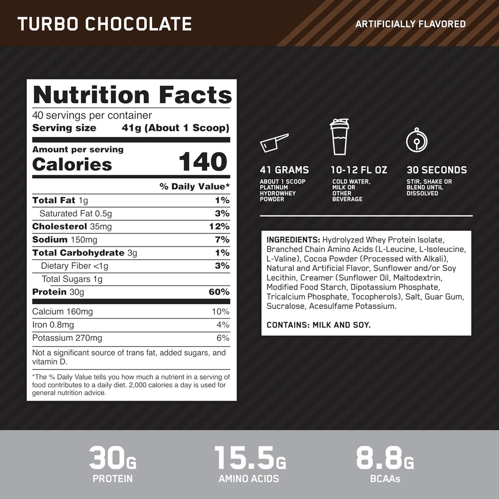 Optimum Nutrition Platinum Hydrowhey Protein Powder, 100% Hydrolyzed Whey Protein Isolate Powder, Flavor: Turbo Chocolate, 40 Servings, 3.61 Pounds (Packaging May Vary)