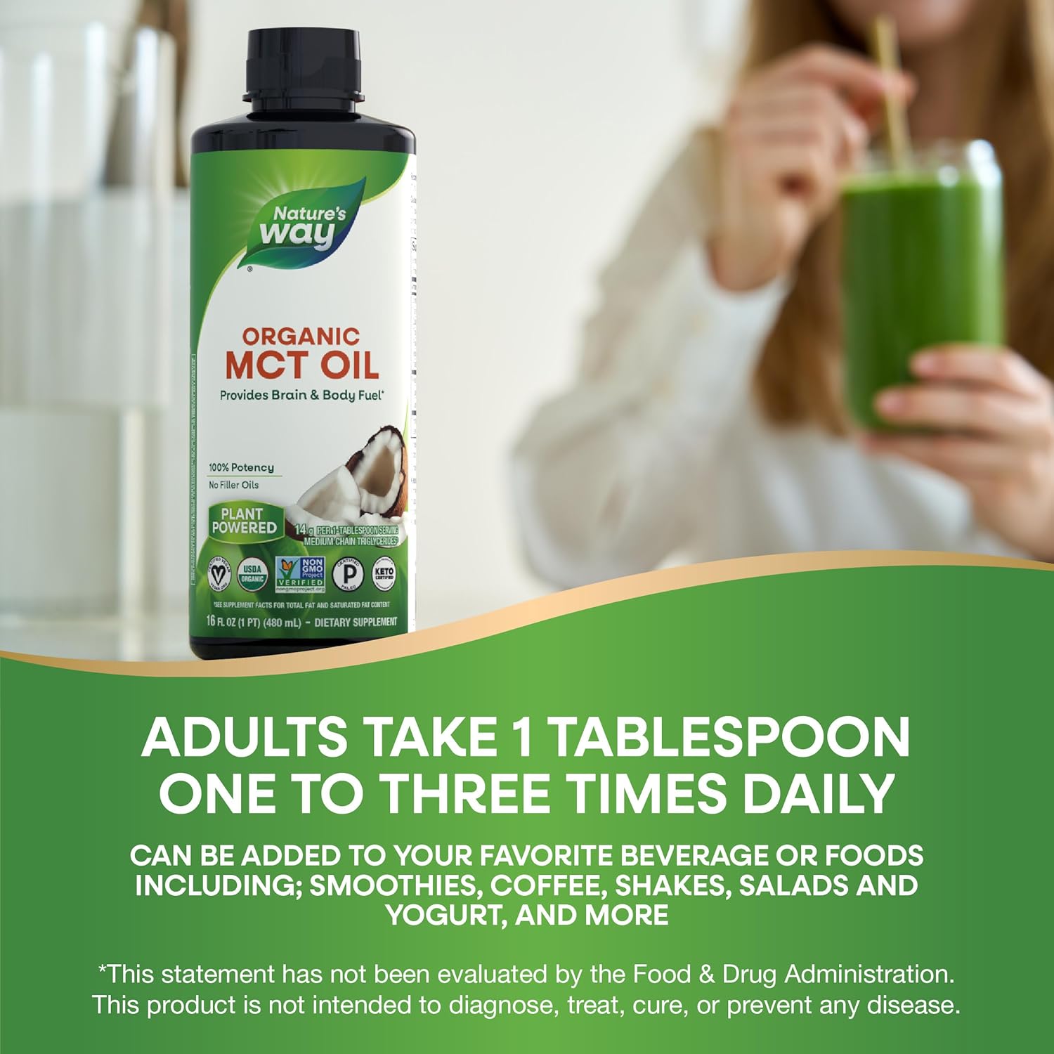 Nature's Way Organic MCT Oil, 16 Fl Oz, Brain and Body Fuel from Coconuts*, C8 Caprylic Acid and C10 Capric Acid, Keto and Paleo Certified, Organic, Non-GMO Project Verified