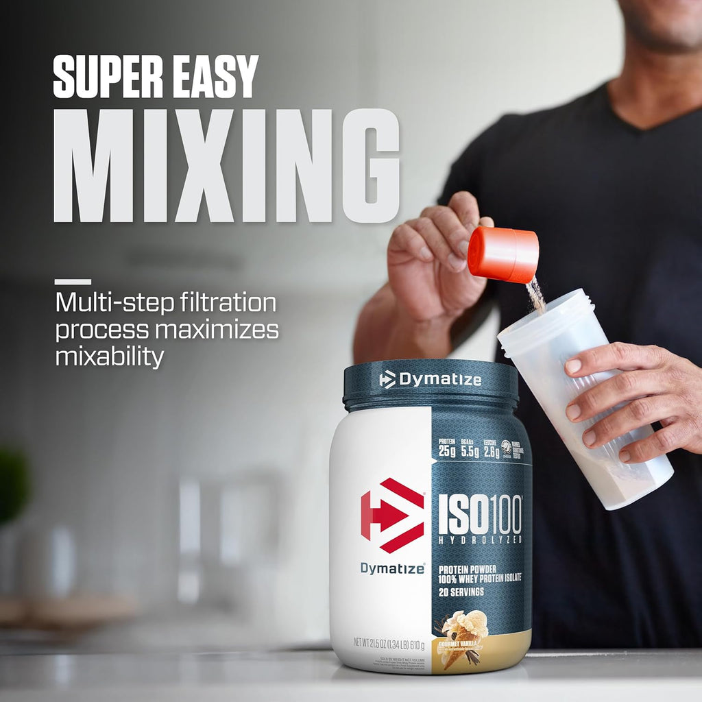 Dymatize ISO100 Whey Protein Powder Isolate, Gourmet Vanilla, 25g of Protein, 5.5g BCAAs, Less Than 120 Cal., Gluten Free, 1g Fat, 1g Sugar, 2g Carb (20 Servings)