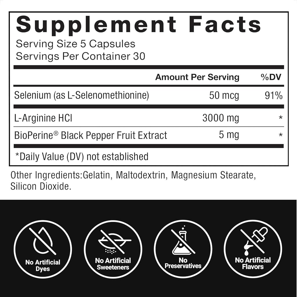 L-Arginine Nitric Oxide Supplement with BioPerine to Help Build Muscle and Support Stronger Blood Flow, Circulation, Nutrient Delivery, and Pumps, L-Arginine 3000mg, 3g, 150 Capsules