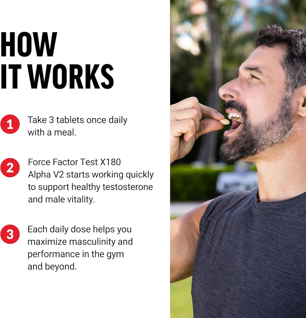 Force Factor Test X180 Alpha v2 T-Support for Men, T-Supplement to Help Build Strength, Boost Nitric Oxide, and Support Daily Performance, 120 Tablets