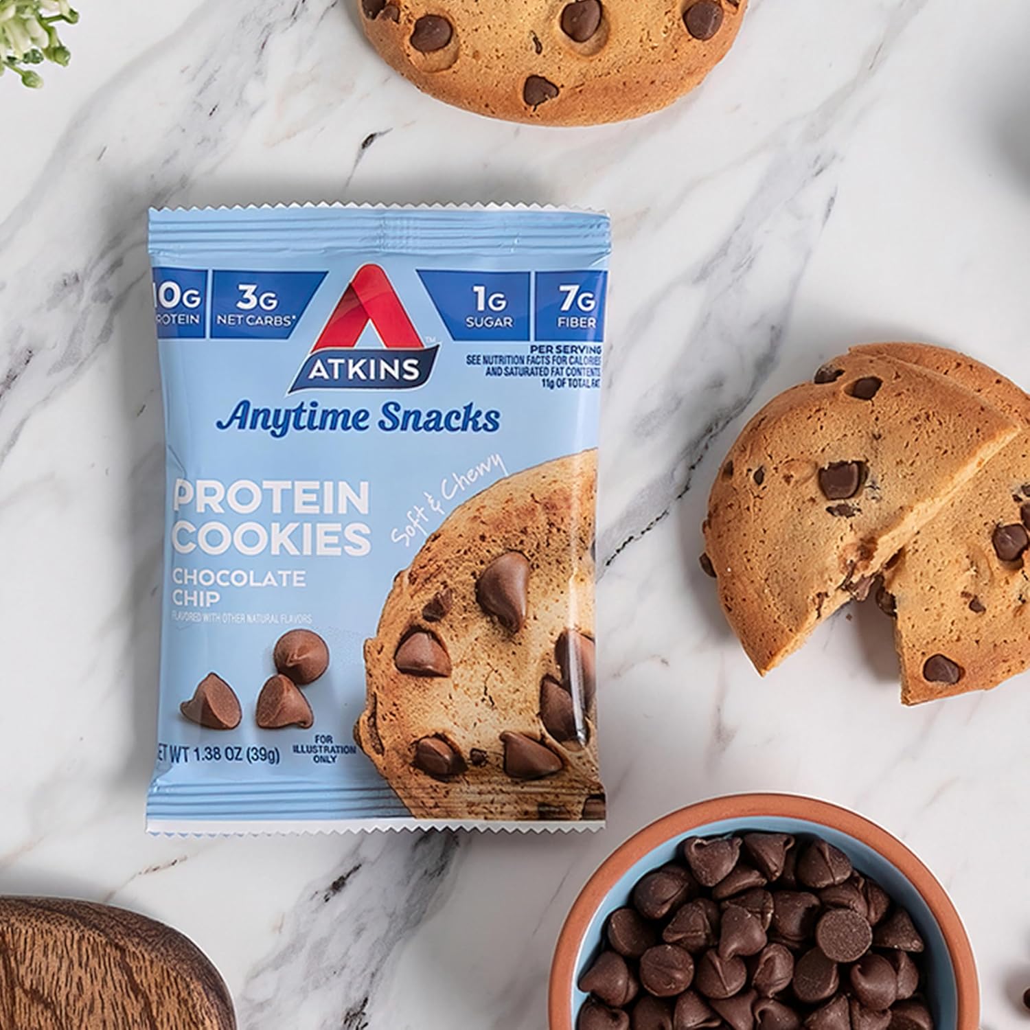 Atkins Chocolate Chip Protein Cookie, Protein Dessert, Rich in Fiber, 3g Net Carb, 1g Sugar, Keto Friendly, 4 Count