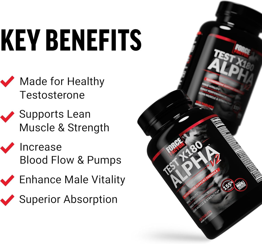 Force Factor Test X180 Alpha v2 T-Support for Men, T-Supplement to Help Build Strength, Boost Nitric Oxide, and Support Daily Performance, 120 Tablets