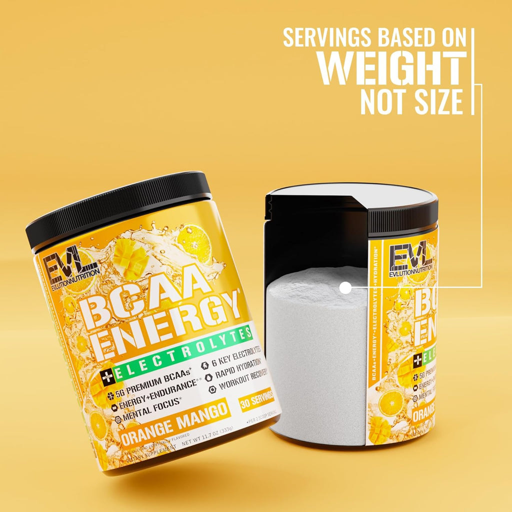 EVL BCAAs Amino Acids Powder - BCAA Energy Pre Workout Powder for Muscle Recovery Lean Growth and Endurance - Rehydrating Post Workout Recovery Drink with 6 Key Electrolytes - Orange Mango