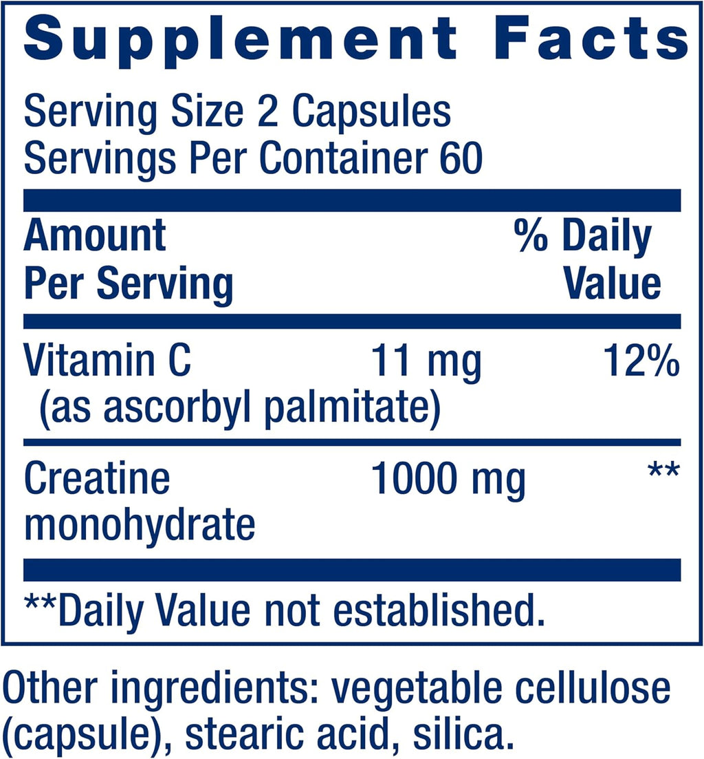 Life Extension Creatine Capsules – Creatine Monohydrate – Promotes Strength, Lean Muscle, Healthy Endurance – Non-GMO, Gluten-Free – 120 Capsules