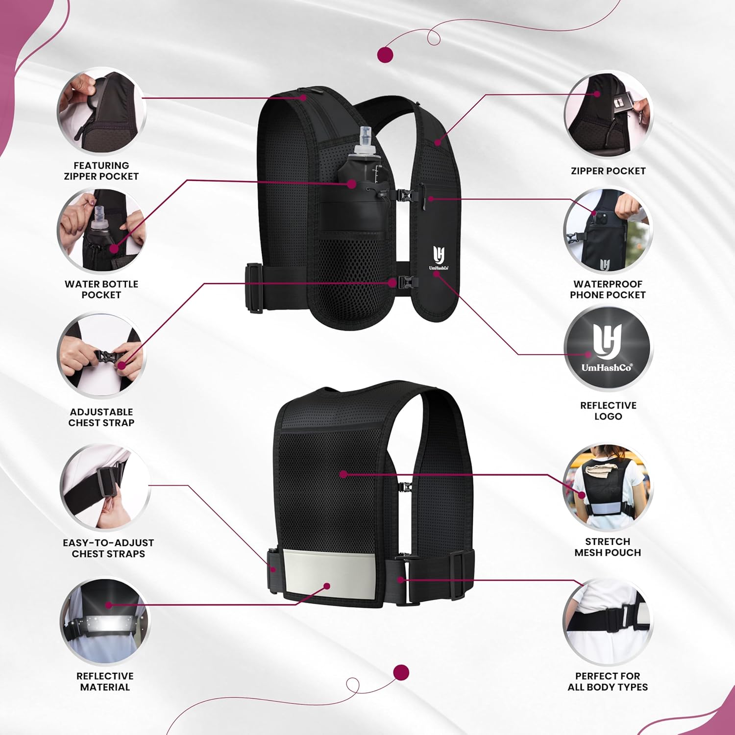 Running Vest Phone Holder with 500ml Water Bottle, Waterproof Phone Pocket Reflective Vest, Breathable Hydration Running Vest for Unisex