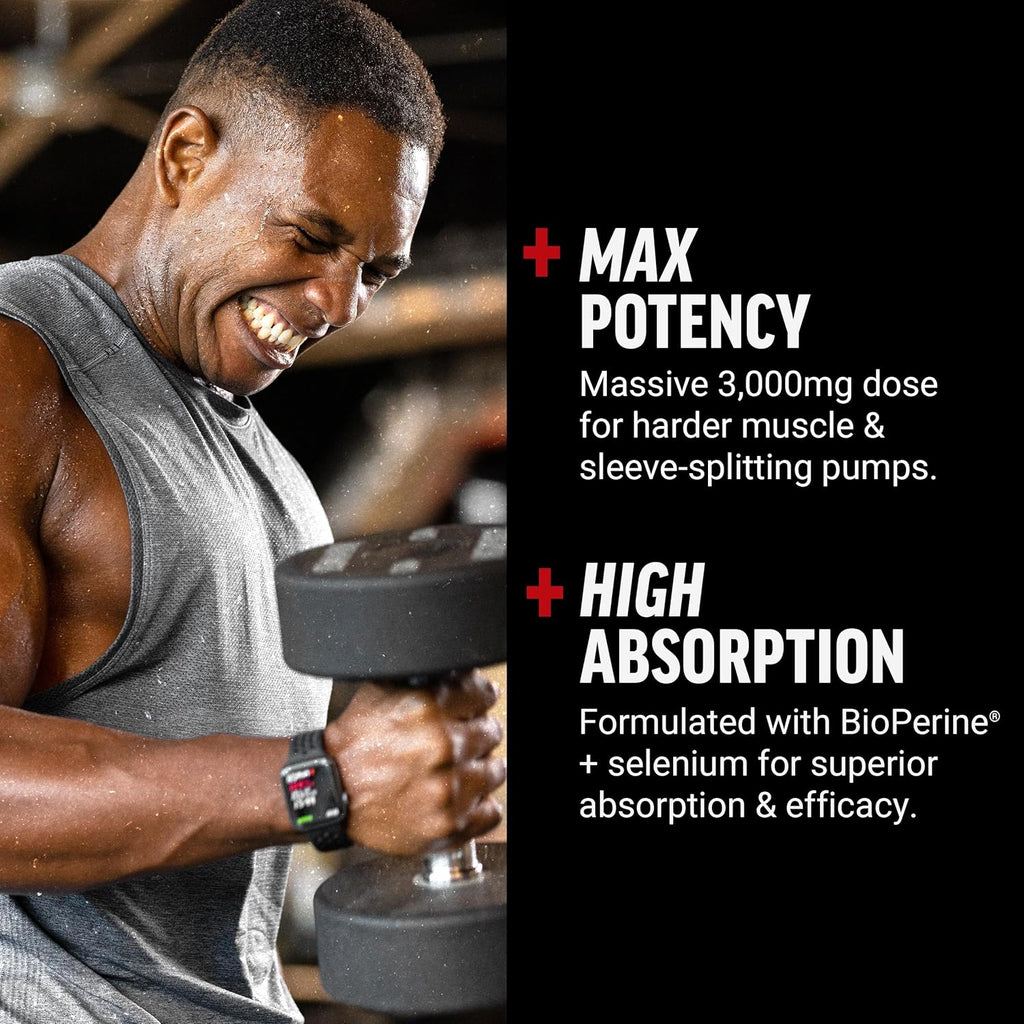 L-Arginine Nitric Oxide Supplement with BioPerine to Help Build Muscle and Support Stronger Blood Flow, Circulation, Nutrient Delivery, and Pumps, L-Arginine 3000mg, 3g, 150 Capsules