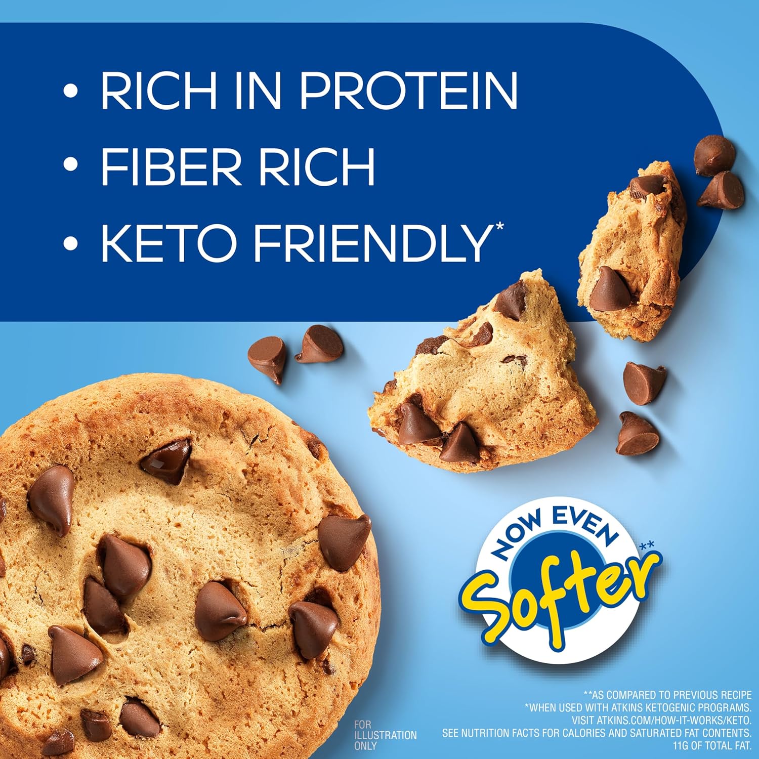 Atkins Chocolate Chip Protein Cookie, Protein Dessert, Rich in Fiber, 3g Net Carb, 1g Sugar, Keto Friendly, 4 Count