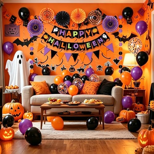 Happy Halloween Banner Triangular bunting Paper flower fans Circle garland Latex balloons Swirls for Halloween Party decoration Indoor Outdoor Wall Door Decoration