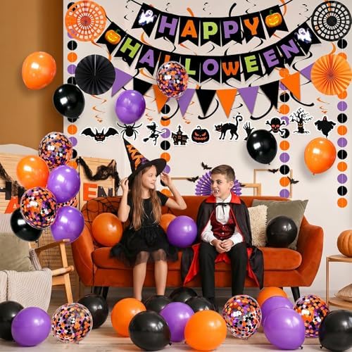 Happy Halloween Banner Triangular bunting Paper flower fans Circle garland Latex balloons Swirls for Halloween Party decoration Indoor Outdoor Wall Door Decoration