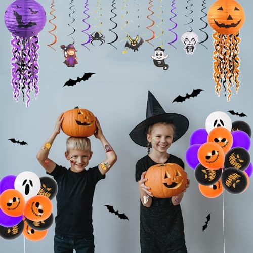 93Pcs Halloween Party Decorations, Halloween Birthday Party Decorations Set Including Banner Wire Lanterns Glow Tattoos Photo Props Spiders Balloons Hanging Swirls Bats Tassels