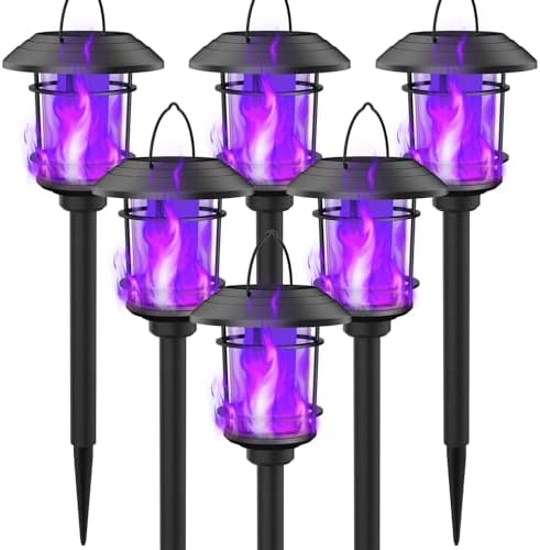 6 Pack Solar Flame Torch Lights Outdoor, Dual Use Flickering Purple Flame Garden Light, Hanging Lantern, Auto On/Off & Waterproof Halloween Lighting for Lawn Patio Yard Walkway Driveway