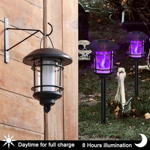6 Pack Solar Flame Torch Lights Outdoor, Dual Use Flickering Purple Flame Garden Light, Hanging Lantern, Auto On/Off & Waterproof Halloween Lighting for Lawn Patio Yard Walkway Driveway