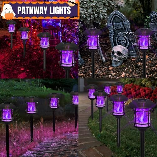 6 Pack Solar Flame Torch Lights Outdoor, Dual Use Flickering Purple Flame Garden Light, Hanging Lantern, Auto On/Off & Waterproof Halloween Lighting for Lawn Patio Yard Walkway Driveway