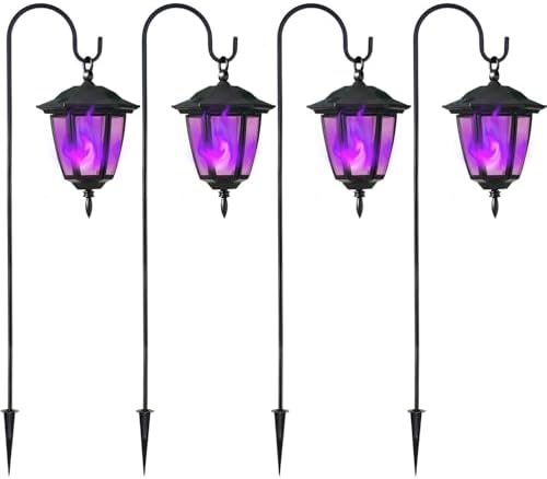 4 Pack Solar Halloween Flame Hanging Lights Outdoor, Flickering Flame LED Garden Lanterns with 4x38 Inch Shepherd Hooks, Landscape Lighting Waterproof for Lawn Yard Pathway Driveway, Purple
