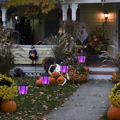 4 Pack Solar Halloween Flame Hanging Lights Outdoor, Flickering Flame LED Garden Lanterns with 4x38 Inch Shepherd Hooks, Landscape Lighting Waterproof for Lawn Yard Pathway Driveway, Purple