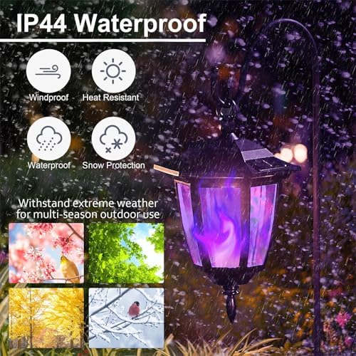 4 Pack Solar Halloween Flame Hanging Lights Outdoor, Flickering Flame LED Garden Lanterns with 4x38 Inch Shepherd Hooks, Landscape Lighting Waterproof for Lawn Yard Pathway Driveway, Purple
