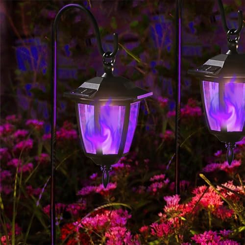4 Pack Solar Halloween Flame Hanging Lights Outdoor, Flickering Flame LED Garden Lanterns with 4x38 Inch Shepherd Hooks, Landscape Lighting Waterproof for Lawn Yard Pathway Driveway, Purple